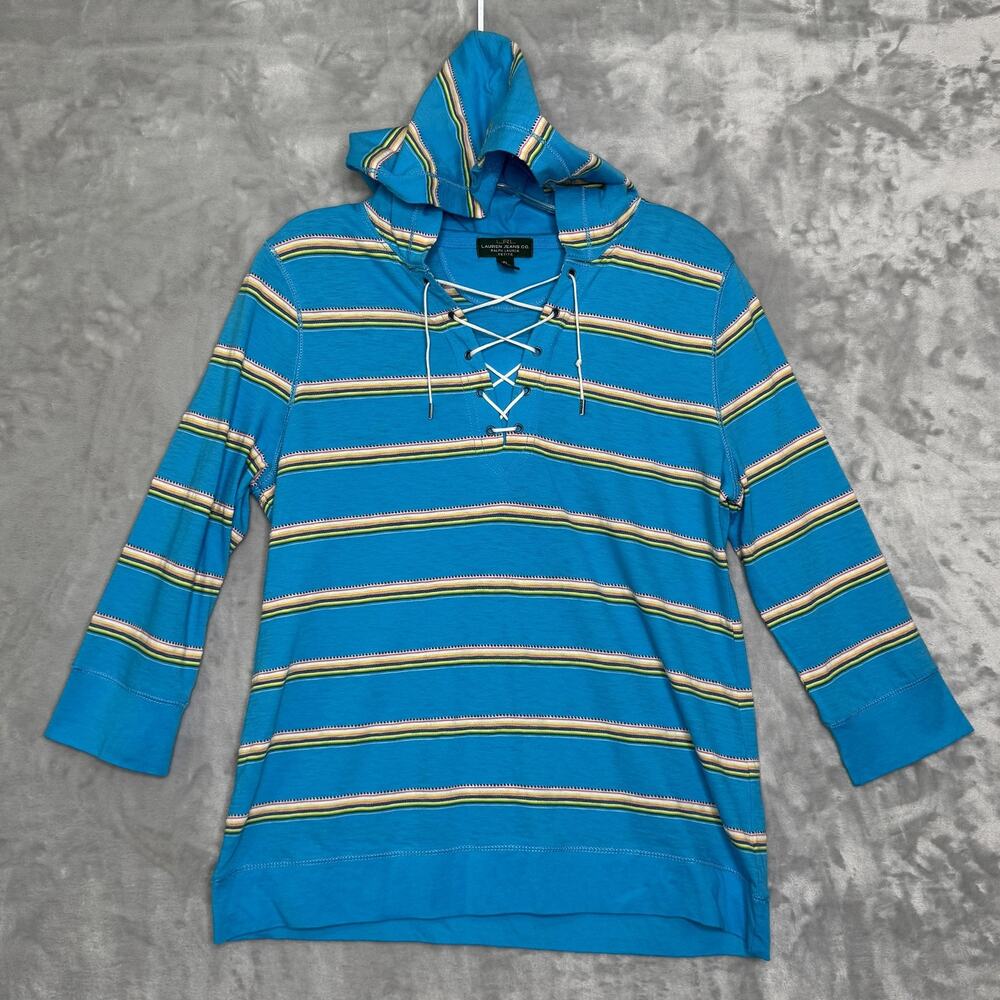 LRL Lauren Jeans Co Hoodie Womens Petite Large Blue Striped Lace Up Pullover